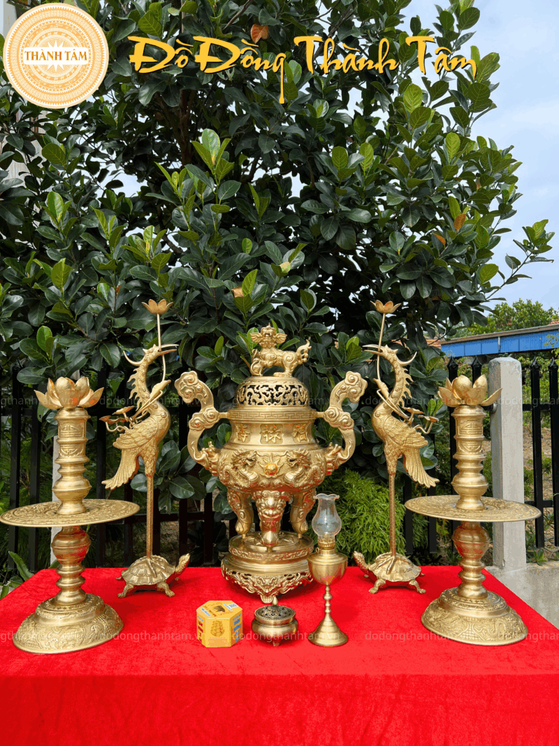 Bộ đỉnh đồng ngũ sự Song Long 65cm đồng Cattut
