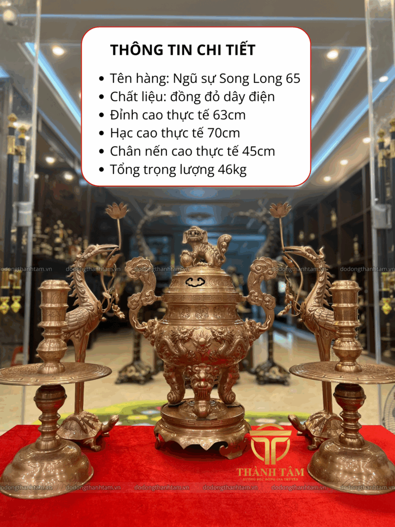 Bộ đỉnh đồng ngũ sự Song Long Chầu Nguyệt 65 đồng đỏ nguyên chất