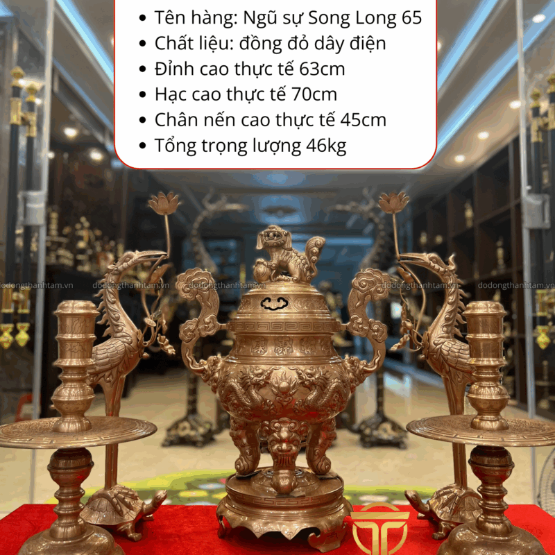 Bộ đỉnh đồng ngũ sự Song Long Chầu Nguyệt 65 đồng đỏ nguyên chất